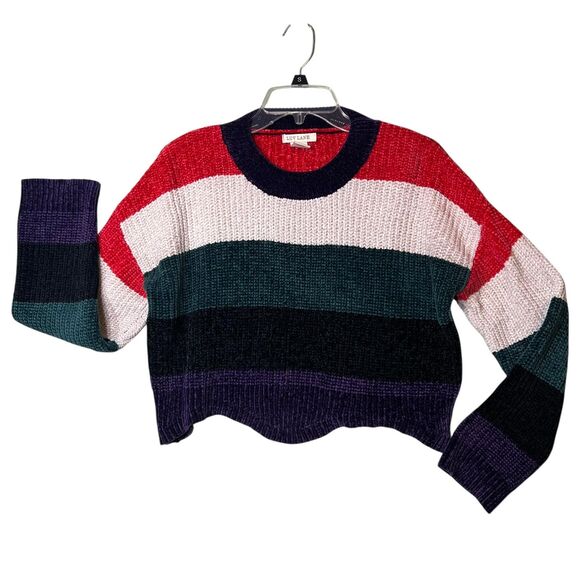 LUV LANE Sweater Womens Medium Multicolor Striped Cropped Chunky Knit Crewneck - Picture 2 of 12